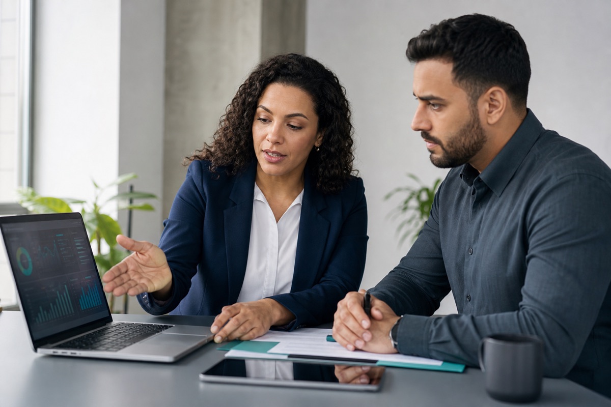 Consultora analisando indicadores de SST com um gestor